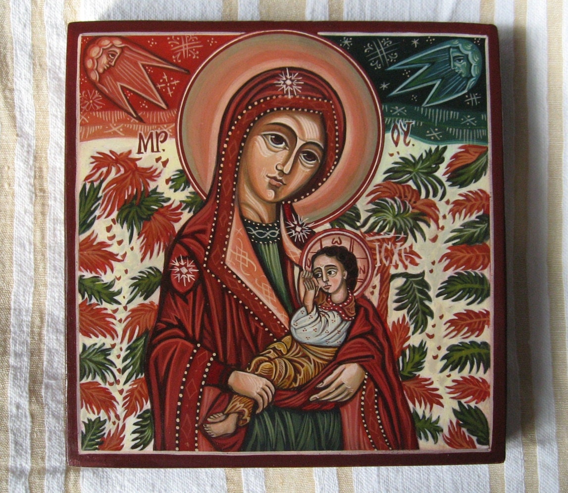 Mother of God breastfeeding The Child Jesus. Byzantine icon handmade painted.