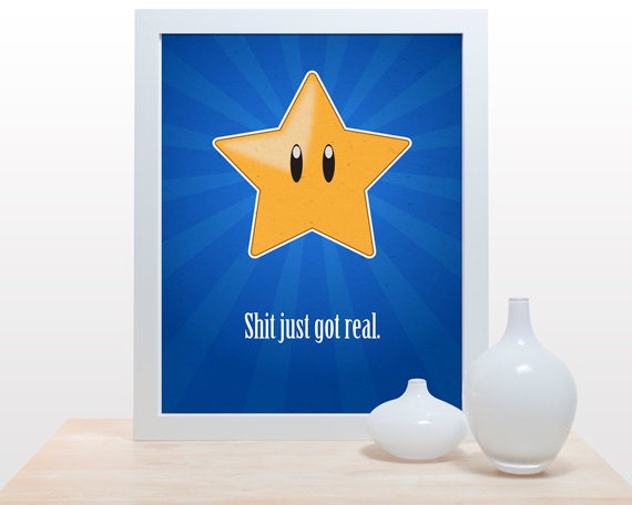 Mario Power Star - 11x14 Game print for hardcore gamers nintendo super mario brothers royal blue golden power up star super wall decor