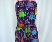 Navy Butcher Apron Wrap Apron Dress Halter Apron with Elephants and Flowers  - Timeless Treasures Elephant Showers