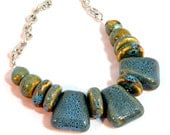 Beaded Boho Necklace Chunky Porcelain, Brown and Blue on Silver Chain