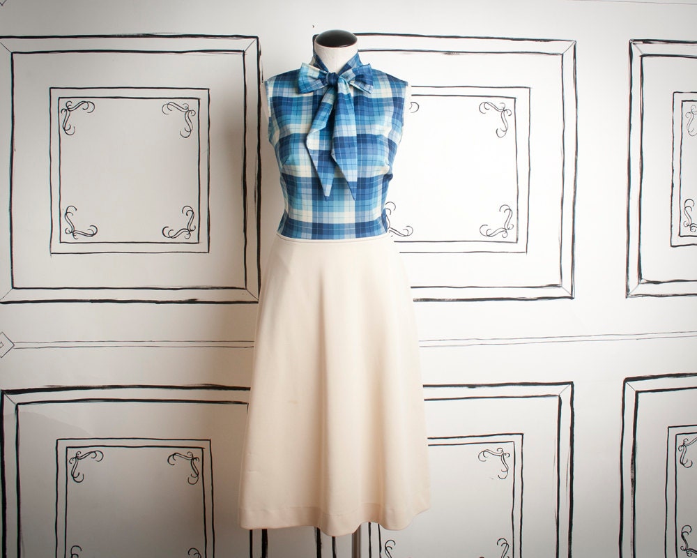 70s beige & blue plaid secretary dress - M