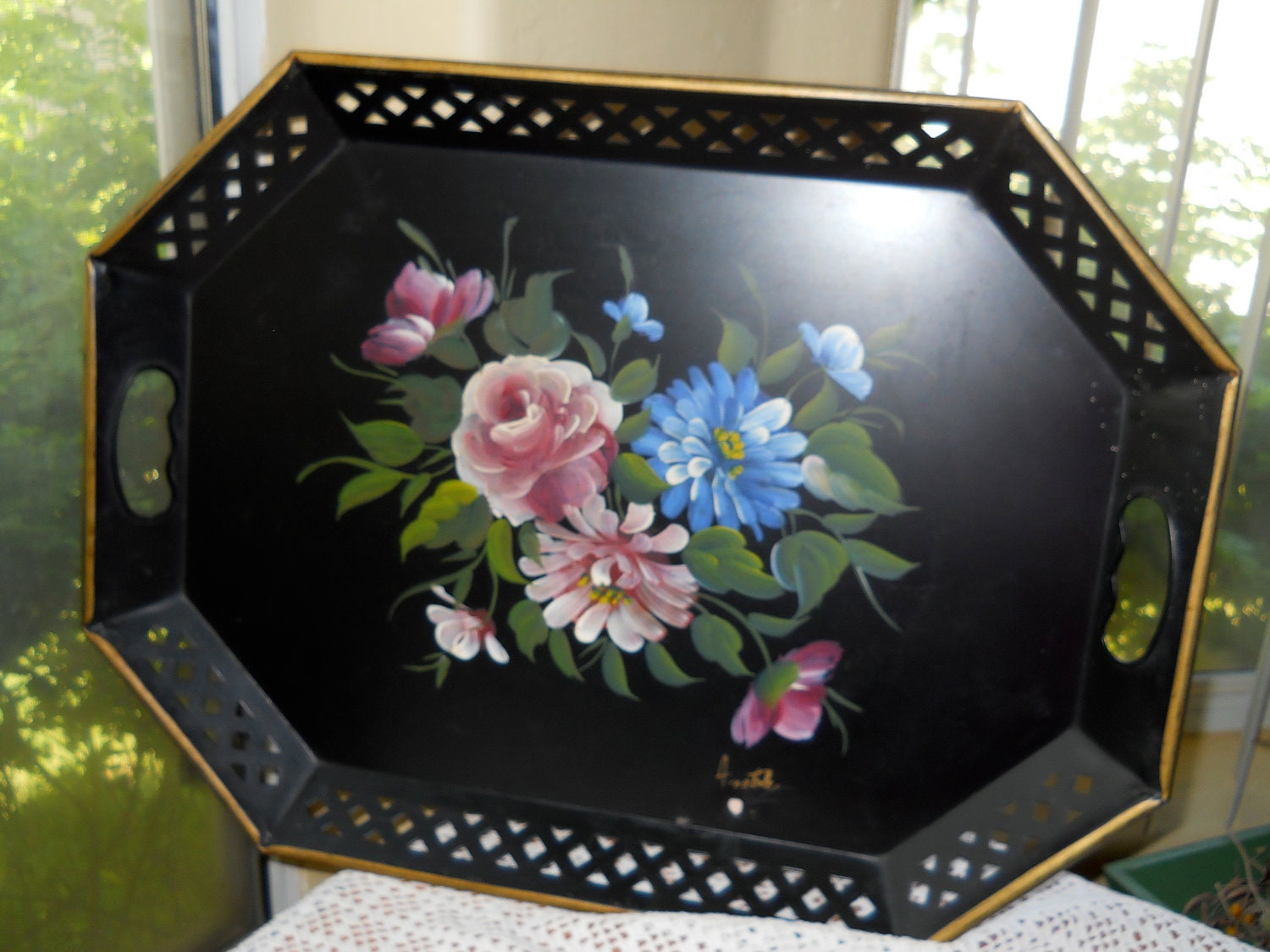 Vintage Black Metal Tole Painted Tray