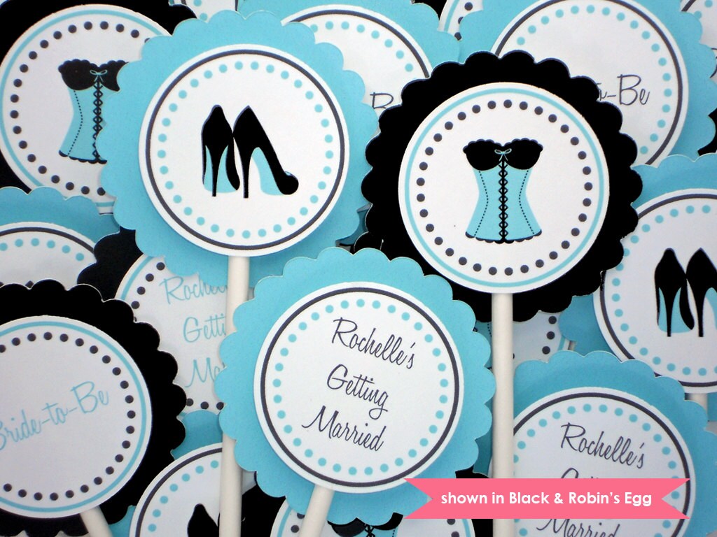 Bachelorette Cupcake Toppers - Personalized Corset & Heels Themed Party Decorations - Black and Robin's Egg - Colors Customizable Il_570xn