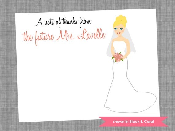 Bride to Be Thank You Note Cards - Personalized Bride Printed Note Card Set - Colors Customizable Il_570xn