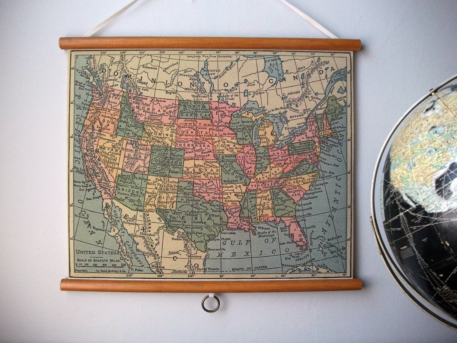 Vintage "Pull Down" School Map Wall Hanging Print on Fabric with Stained Wood Trim - United States - GrittyCityGoods