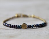 Brass hexagon bracelet: mystic black spinel beaded bracelet. Brass & beads collection.