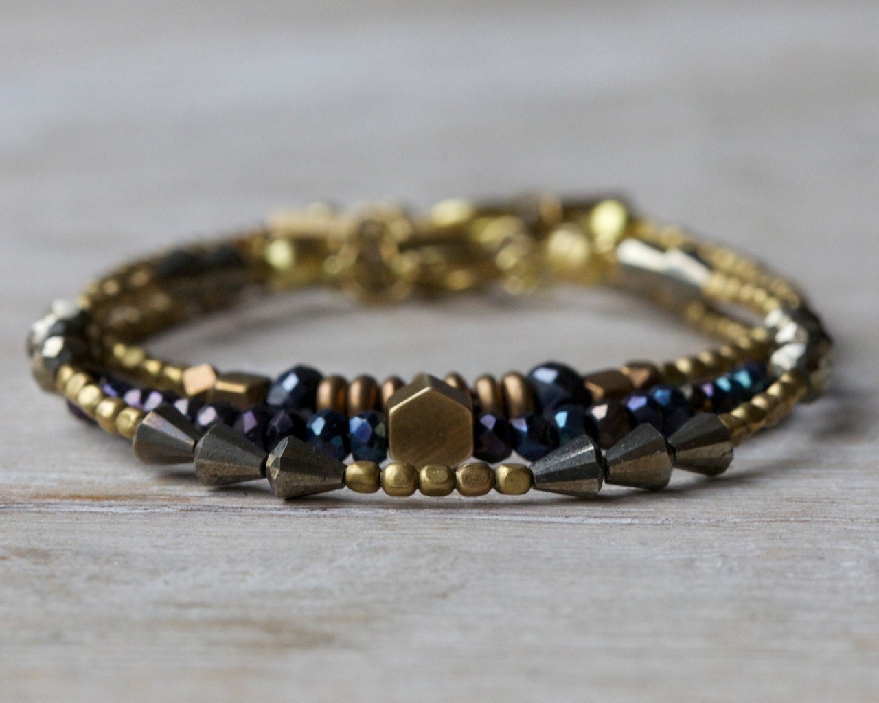 Three stackable bracelets: Brass & beads collection