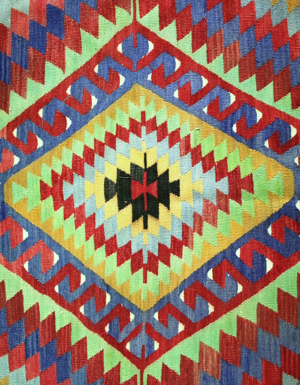 Vintage Turkish Kilim Rug / Blue Brick Sage Gold