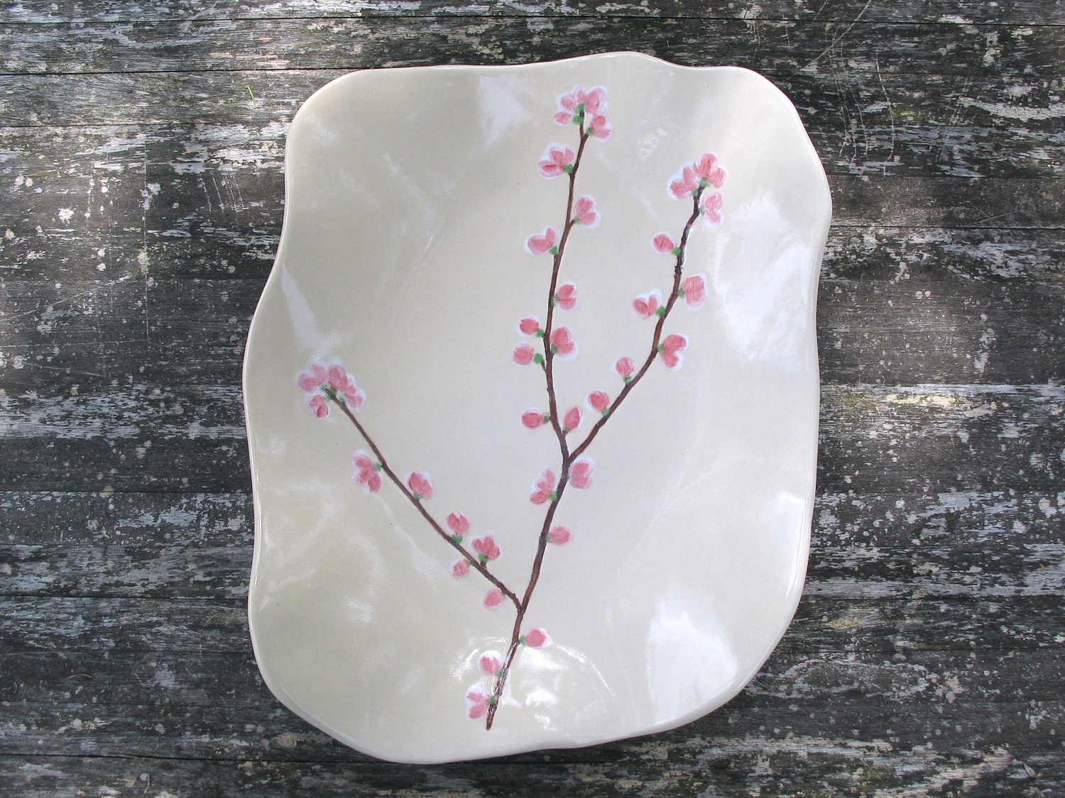 Blossom ceramic dish creamy white clay painted with pink blossom serving bowl Sakura medium Spring time