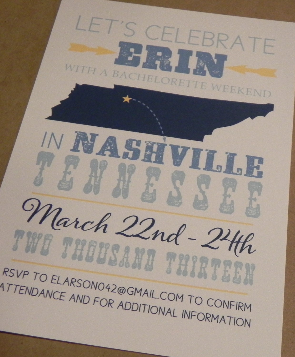 Any State Picture Save the Date / Bachelorette weekend / Custom Printed Hatch Style Nashville / Tennessee Country Fun Invitation