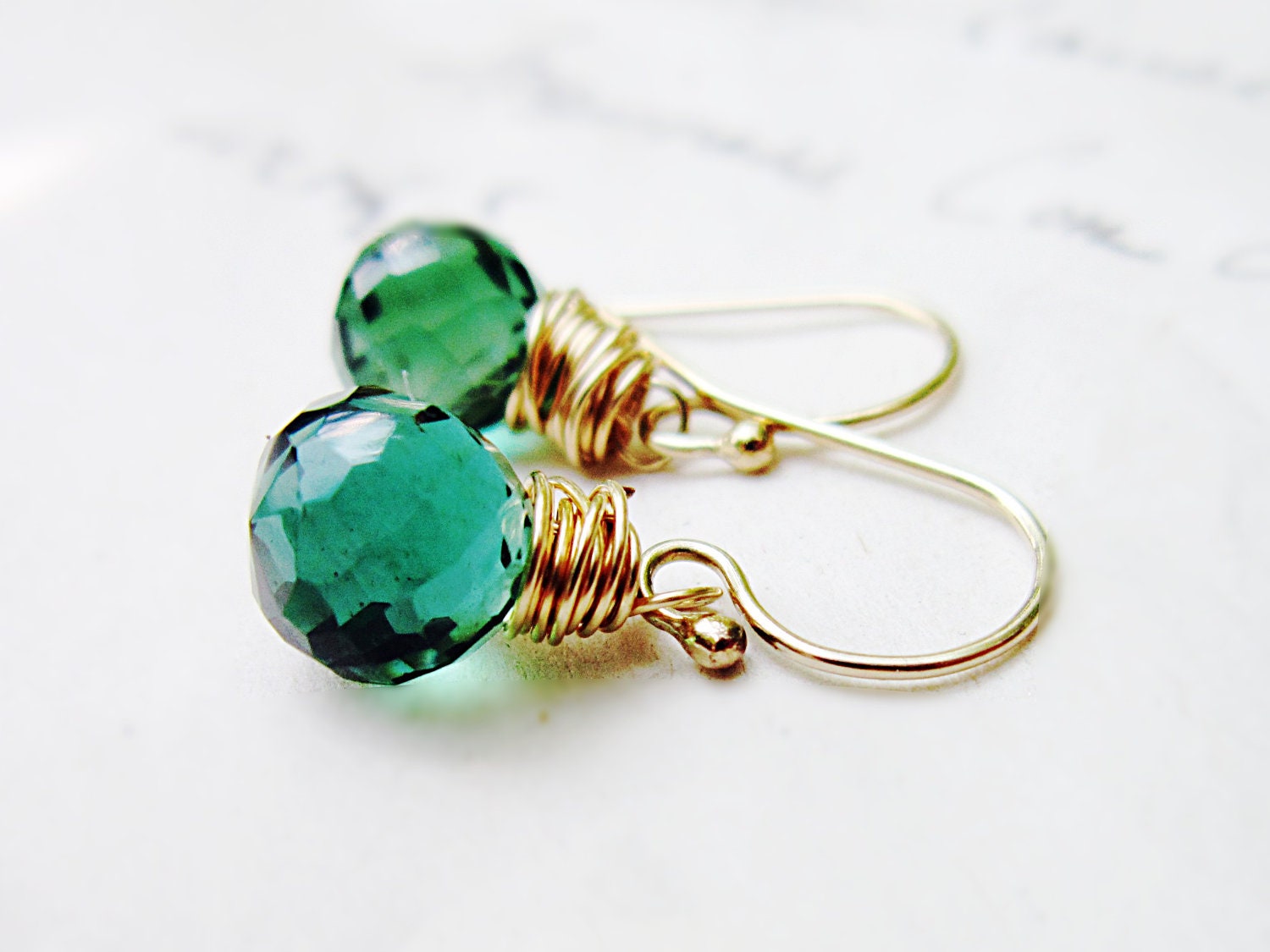 ChristmasinJuly Sale Forest Green Gemstone Earrings - Green Quartz 14K Gold Fill wire wrapped - thelittlehappygoose ChristmasinJuly Sale Forest Green Gemstone Earrings - Green Quartz 14K Gold Fill wire wrapped - thelittlehappygoose