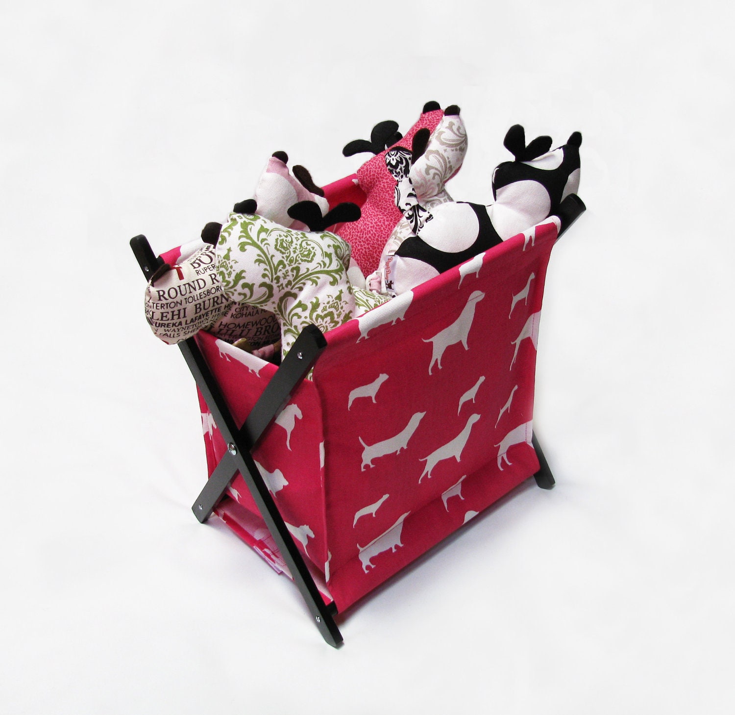 Hot Pink & White Dog Silhouette Print Pet Toy Hamper with black frame