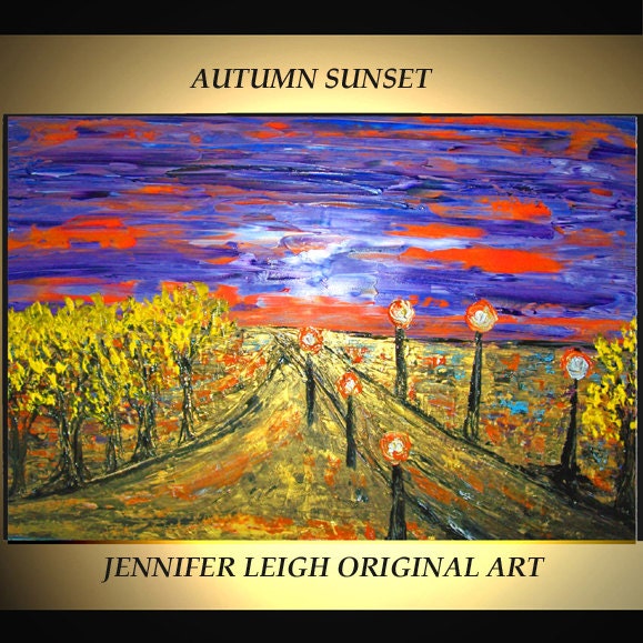Original Large Abstract Painting Modern Contemporary Canvas Art Autumn Sunset Orange Purple 36x24 Palette Knife Texture Oil J.LEIGH