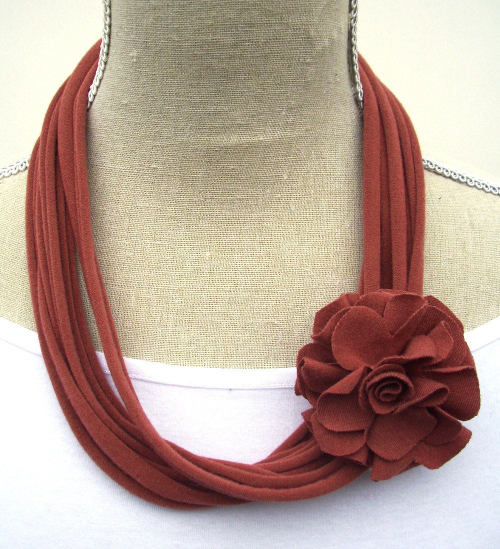 Upcycled Spice Colored Jersey Tee Noodle Necklace with Removable Flower Clip, Repurposed Recycled T-shirt Loop Scarf, Accessory - TrendyEarth