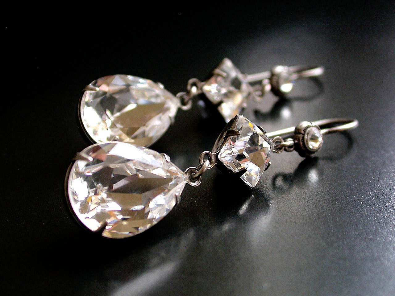 Swarovki Clear Crystal Dangling Earrings on Silver - Victorian Jewelry - Angelina Jolie Inspired Earrings - Bridal Earrings