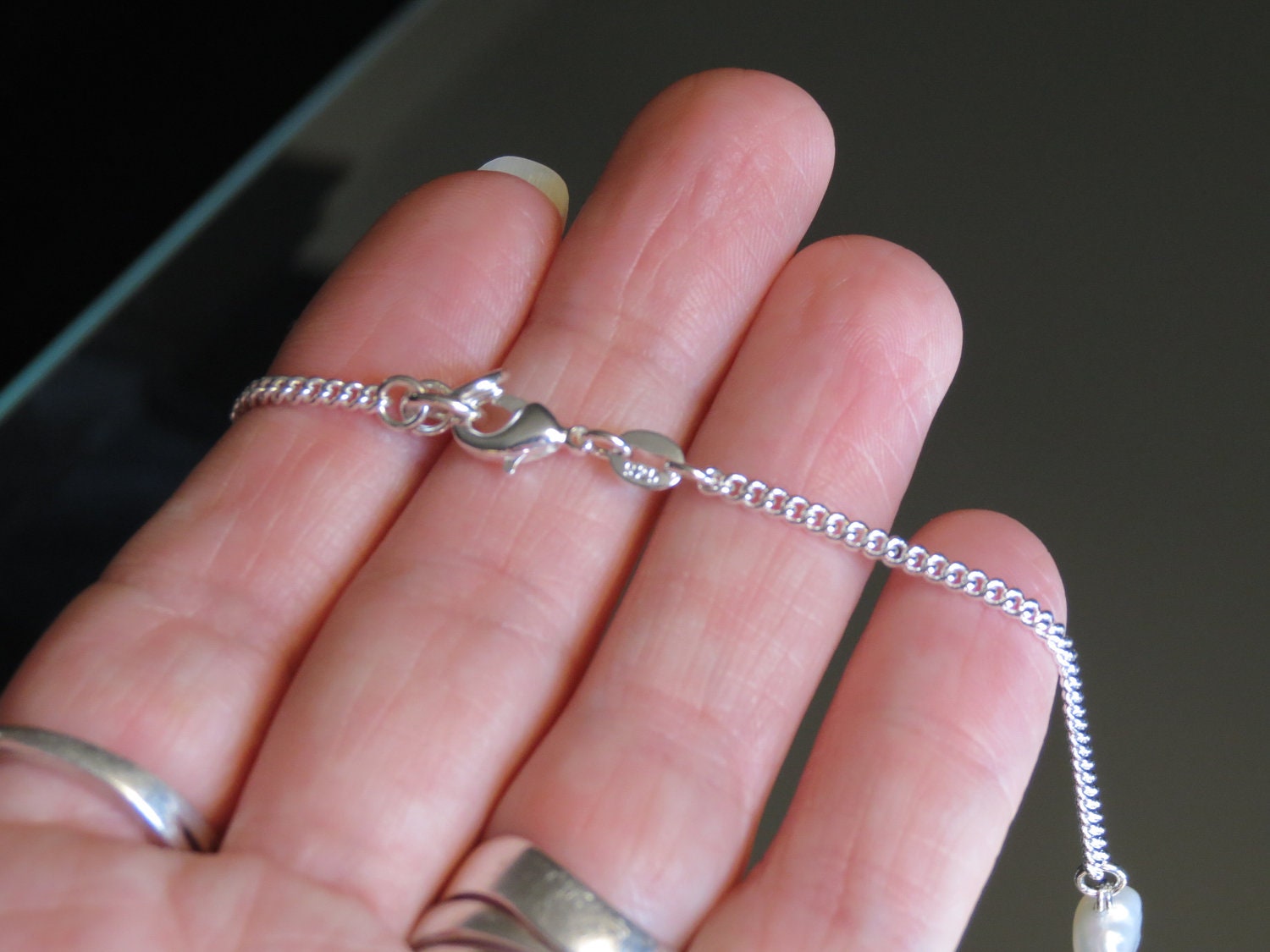Silver Amber Pearl Necklace Victorian, Fresh Water Pearls, Hard, 18g, 925 Silver Snap jumprings, 925 Silver Chains, Genuine Gemstone