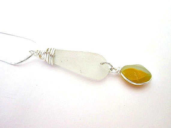 Yellow sea glass necklace with white and sterling