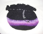 Handmade women crochet black and  Purple cosmetic pouch with Leather drawstring and silver skulls