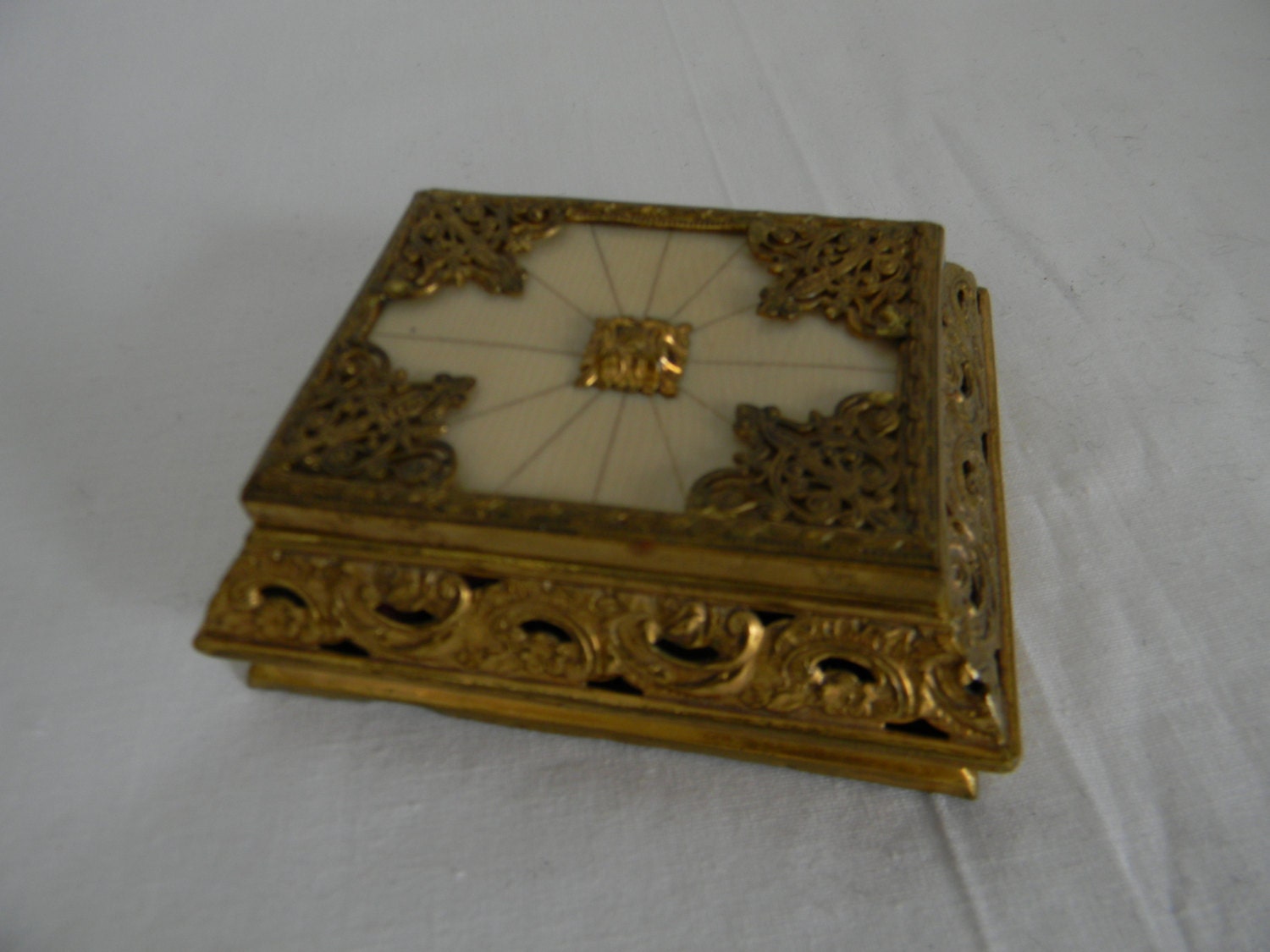 Antique Gilded Filigree Ring Jewelry Box Casket Ormulu Home Decor