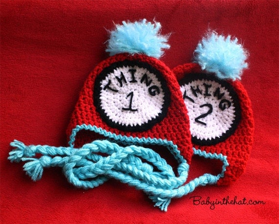 Newborn Twins Thing 1 and Thing 2  Dr Seuss Hat Boys or Girls Red and Blue Crochet Hat Photo Prop Set