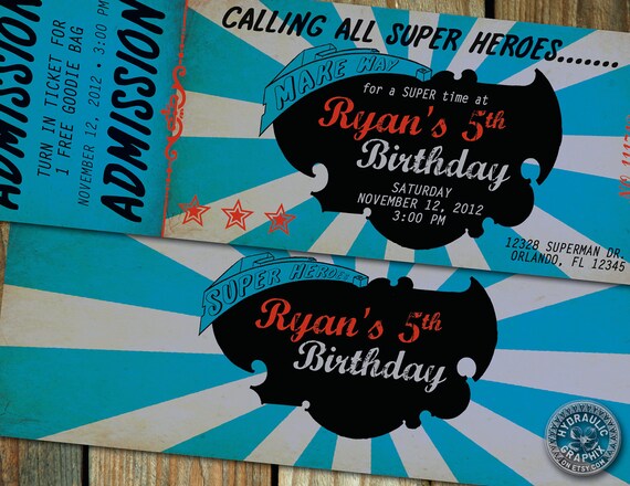 Super Hero, Superman, Spider-man Birthday Party Ticket Invitation for birthday party for children, Graphic Novel inspired Il_570xn