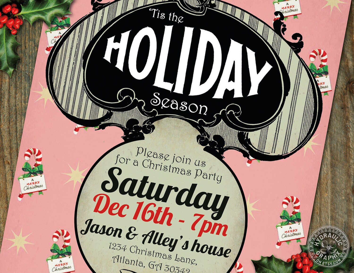 Retro Christmas Party Invitation with candy canes and steampunk inspiration Il_570xn