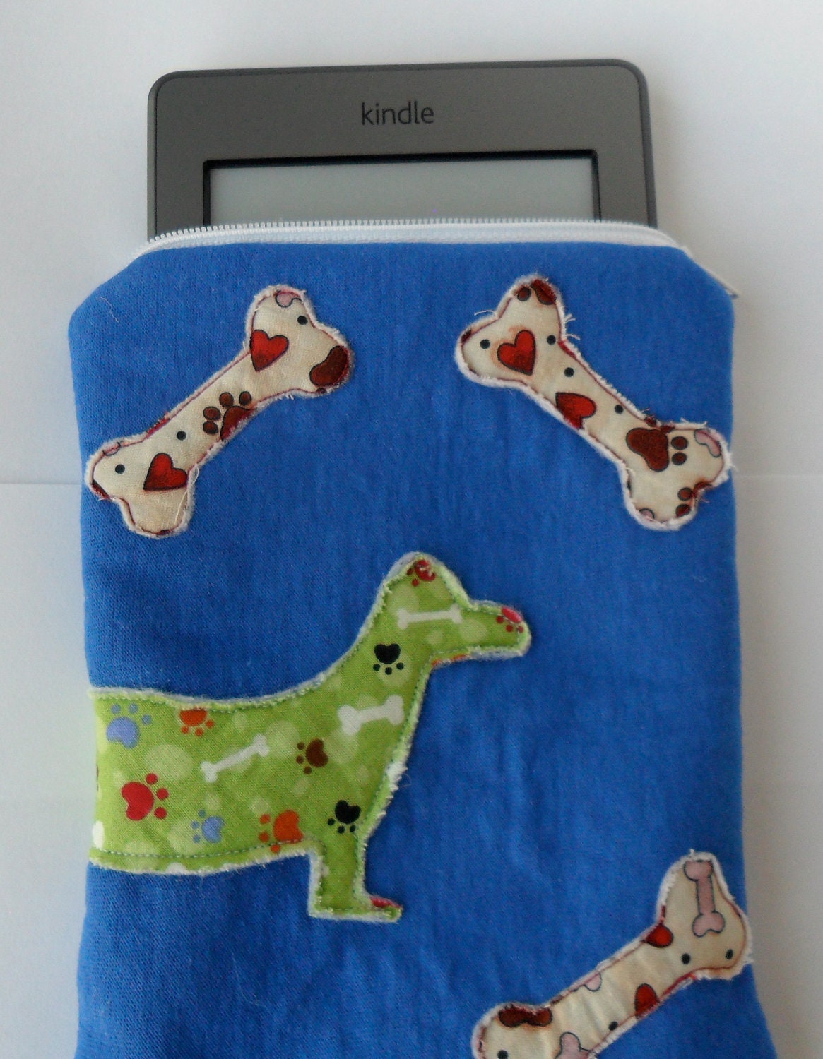 Blue Kindle Touch or Nook Sleeve, Pouch, Bag - Dog, Zipper, applique, bones, Dachshund