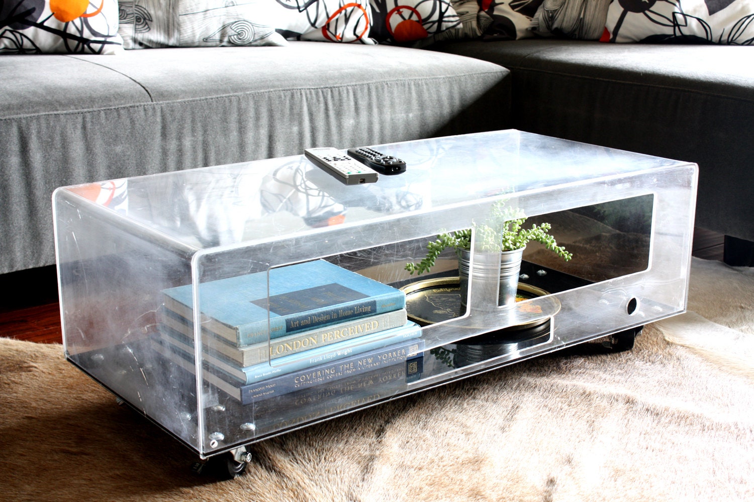 Repurposed Lucite Coffee Table - upcycle, recycle, aquarium, acrylic, plastic, terrarium, modern, media console, tv stand