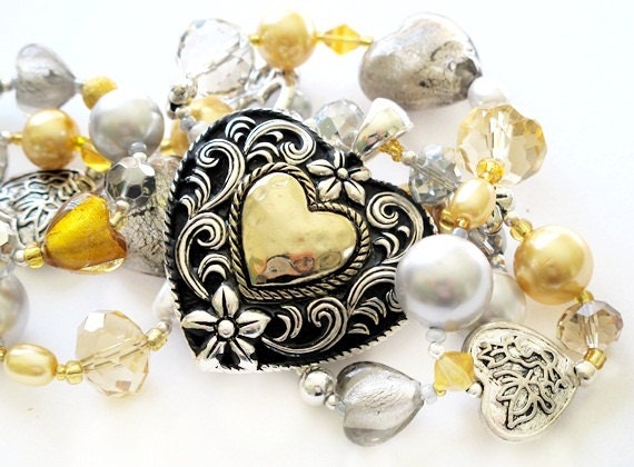 Silver gold heart long beaded necklace handmade