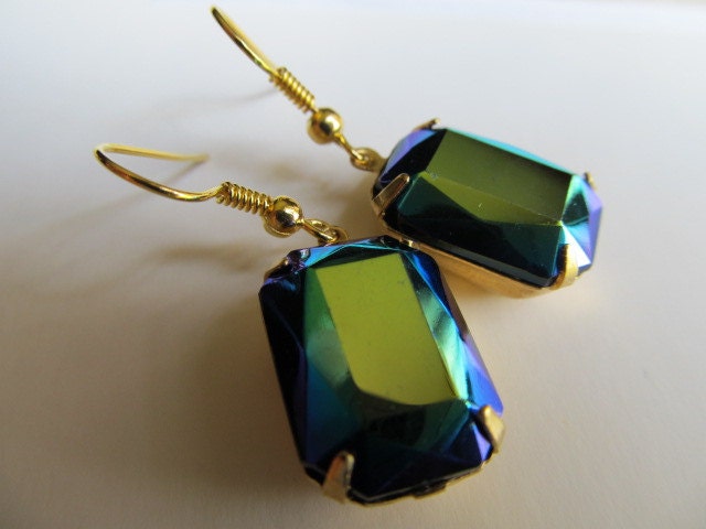 Garbo- Vintage Jet Black AB Peacock Crystal Octagon Rhinestone earrings with Gold Ear Wires