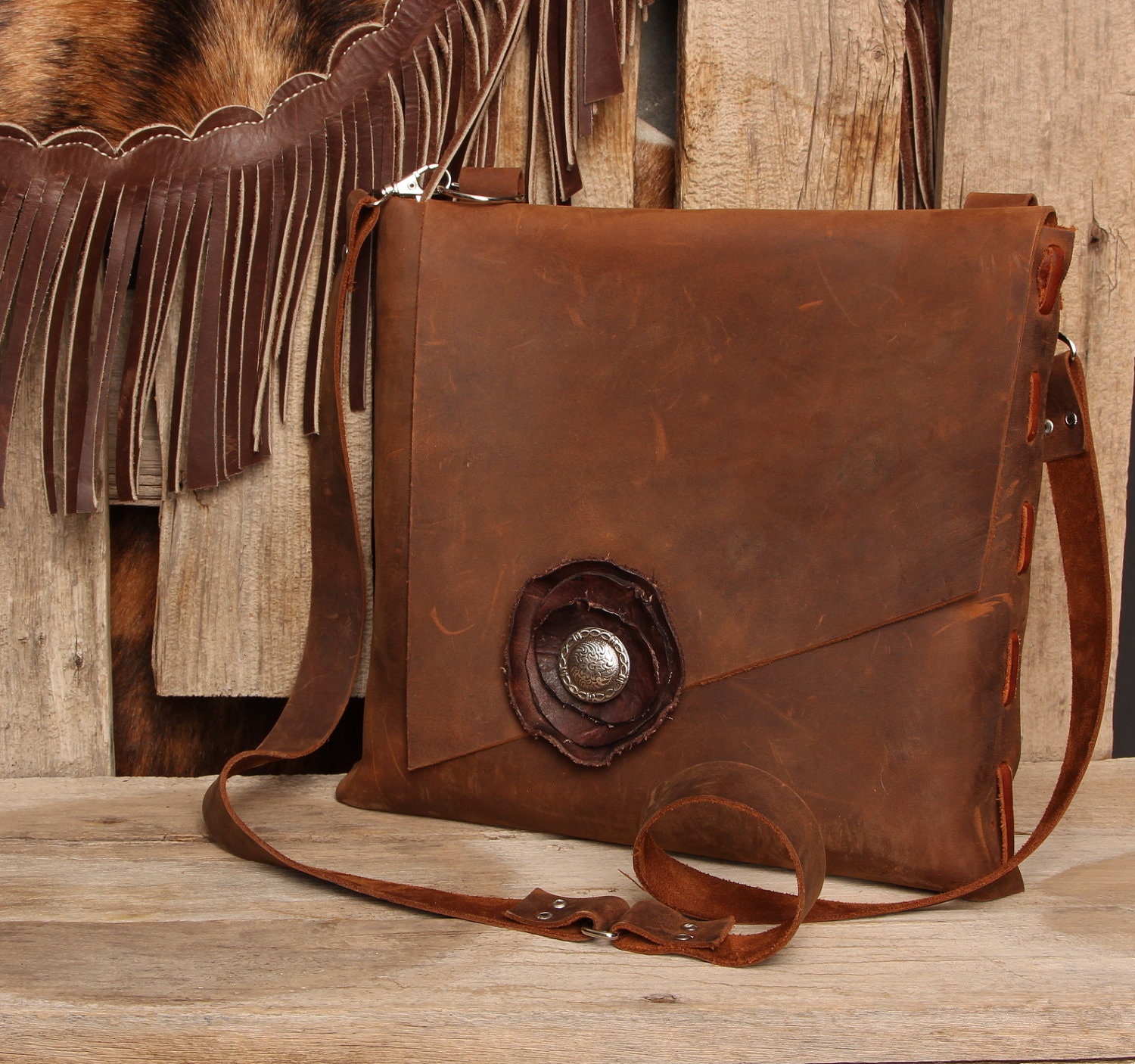 Western Chocolate Brown Messenger Bag with Cowgirl Concho Leather Rose