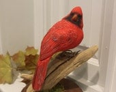Hand Carved Northern Cardinal on Driftwood and  a Walnut Base