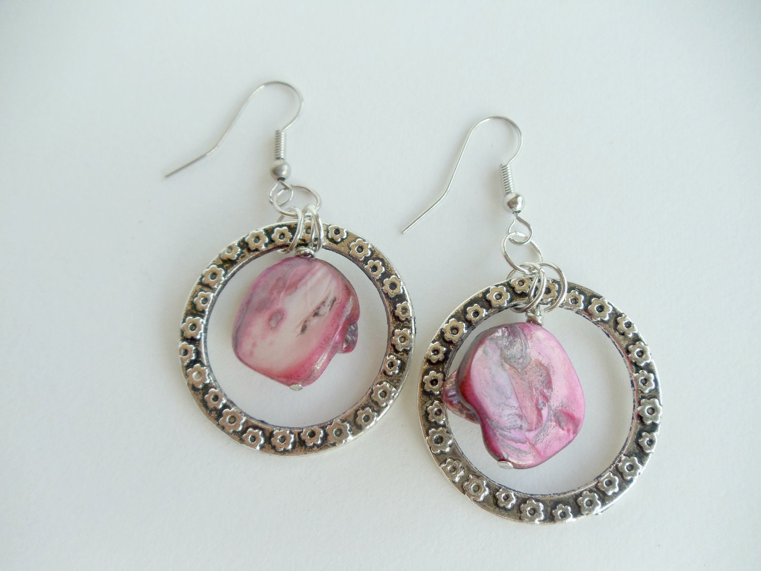 Pink Shell Chandelier Earrings On Leaf Embossed Metal Circles