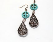 Peace Sign Earrings, Turquoise and Copper Wire Earrings Peace Signs and Wire Wrapped Copper