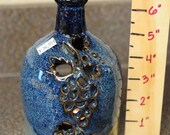 7" Tall Stoneware Pottery Bottle Tealight/Luminaire with Grapes and Leaves