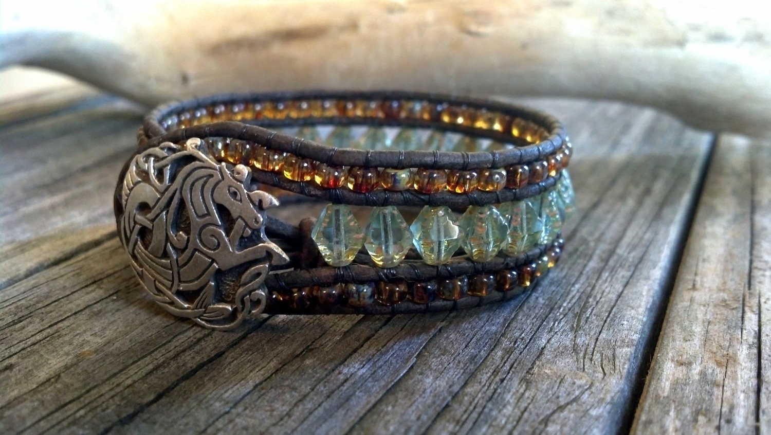 Leather wrap bracelet, Leather Cuff Bracelet, Beaded Cuff, Glam, Boho, Aqua Picasso