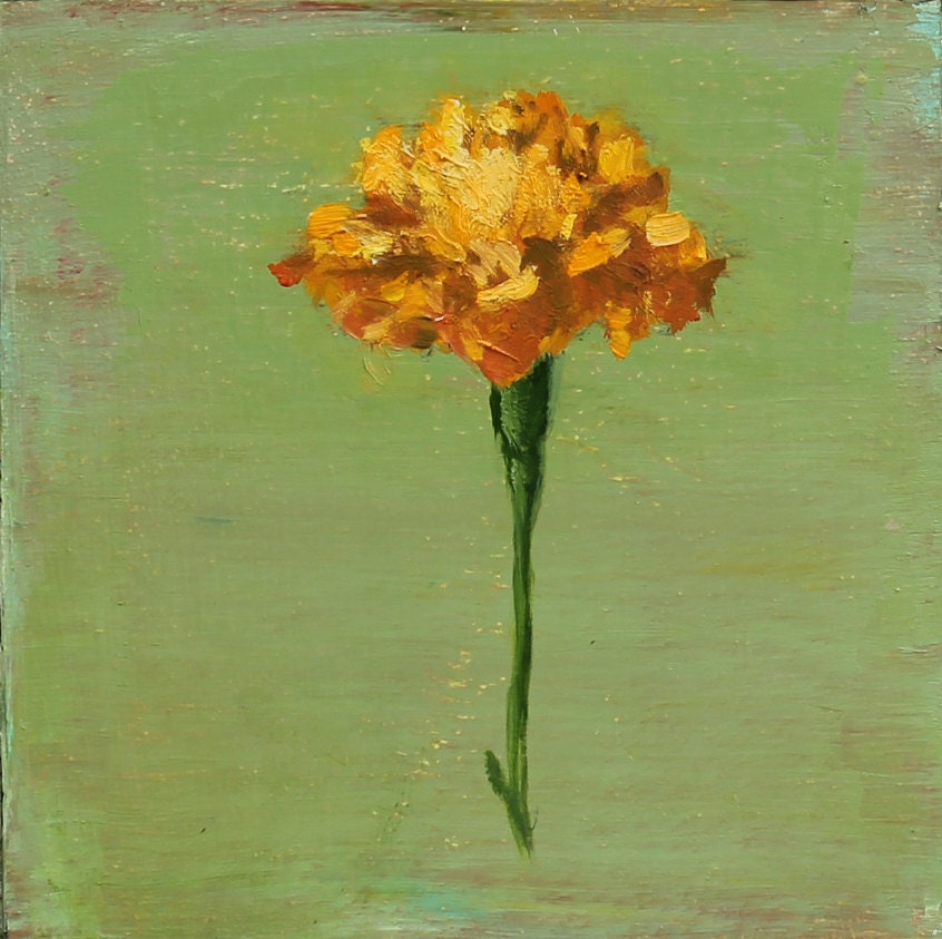 Still Life Original Oil Painting Marigold Flower on wood panel 8x8 inch
