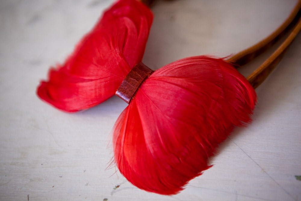 Red Poppy Feather Bow Tie with Gold Velvet Neck Strap