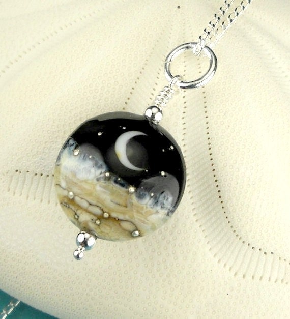 Crescent Moon Necklace on Crescent Moon Lampwork Bead Jewelry Sterling Silver Necklace Midnight