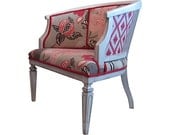 Vintage Modern Chic Cane Barrel Side Chair Ikat Floral Grey White Distressed Country