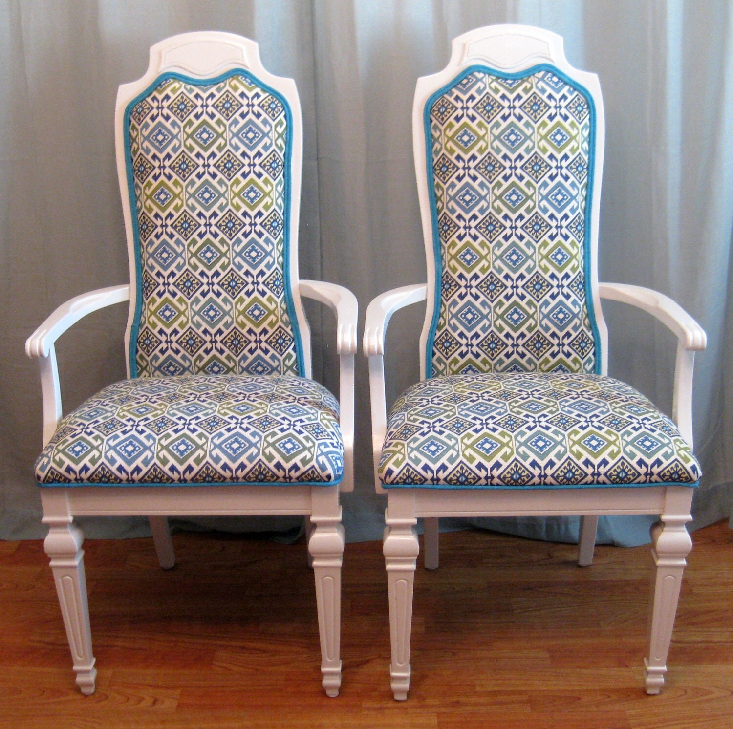 Turquoise Green Ikat Chevron high back Vintage Arm Chairs Custom Order