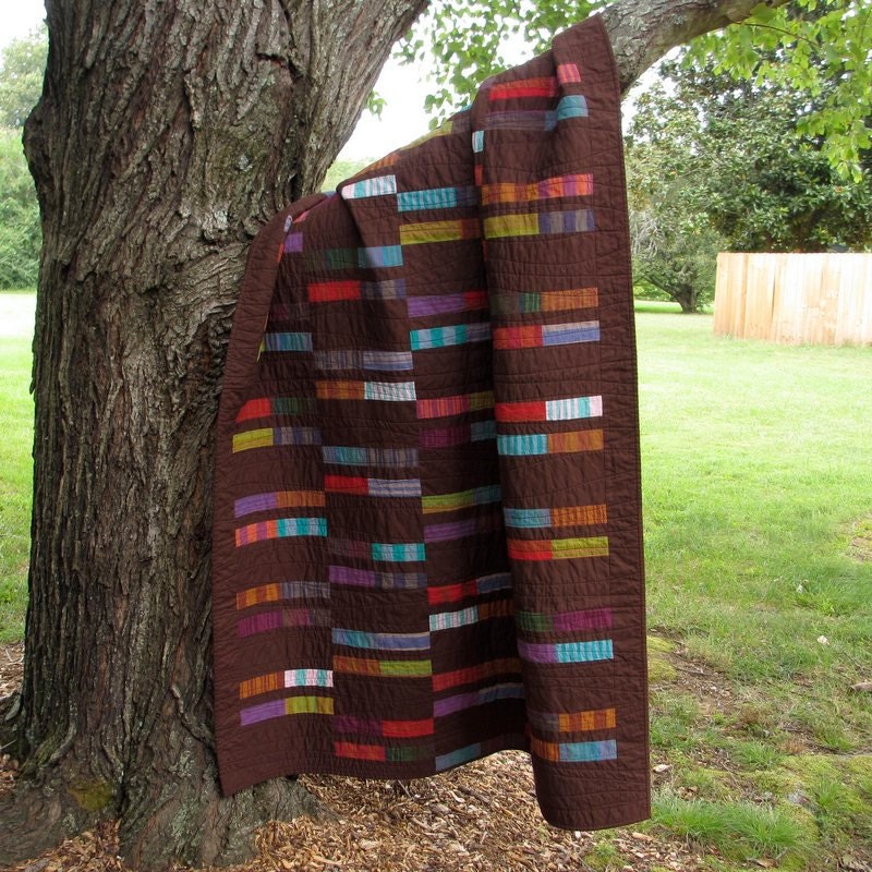 Handmade Brown Lap Quilt, Modern Quilt, Cotton, Woven Stripes
