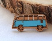 Wood laser cut brooch Cosy vintage Kombi hand painted blue
