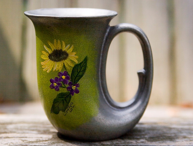 Pewter Horn Mug Recycled Flower Vase Mothers Day Hand Painted Sunflower Violets Utensil Caddy Holder Upcycled Floral Centerpiece