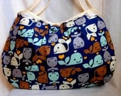 Whale Fabric Bag Purse Hobo Bag Medium Handbag Pleated Diaper Bag Cotton Fabric Whale Print Blue Brown In Stock