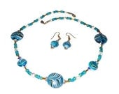 Artisan green and blue Lampwork bead necklace and dangle french hook with Swarovski and Czech fire ab crystals in gold plate