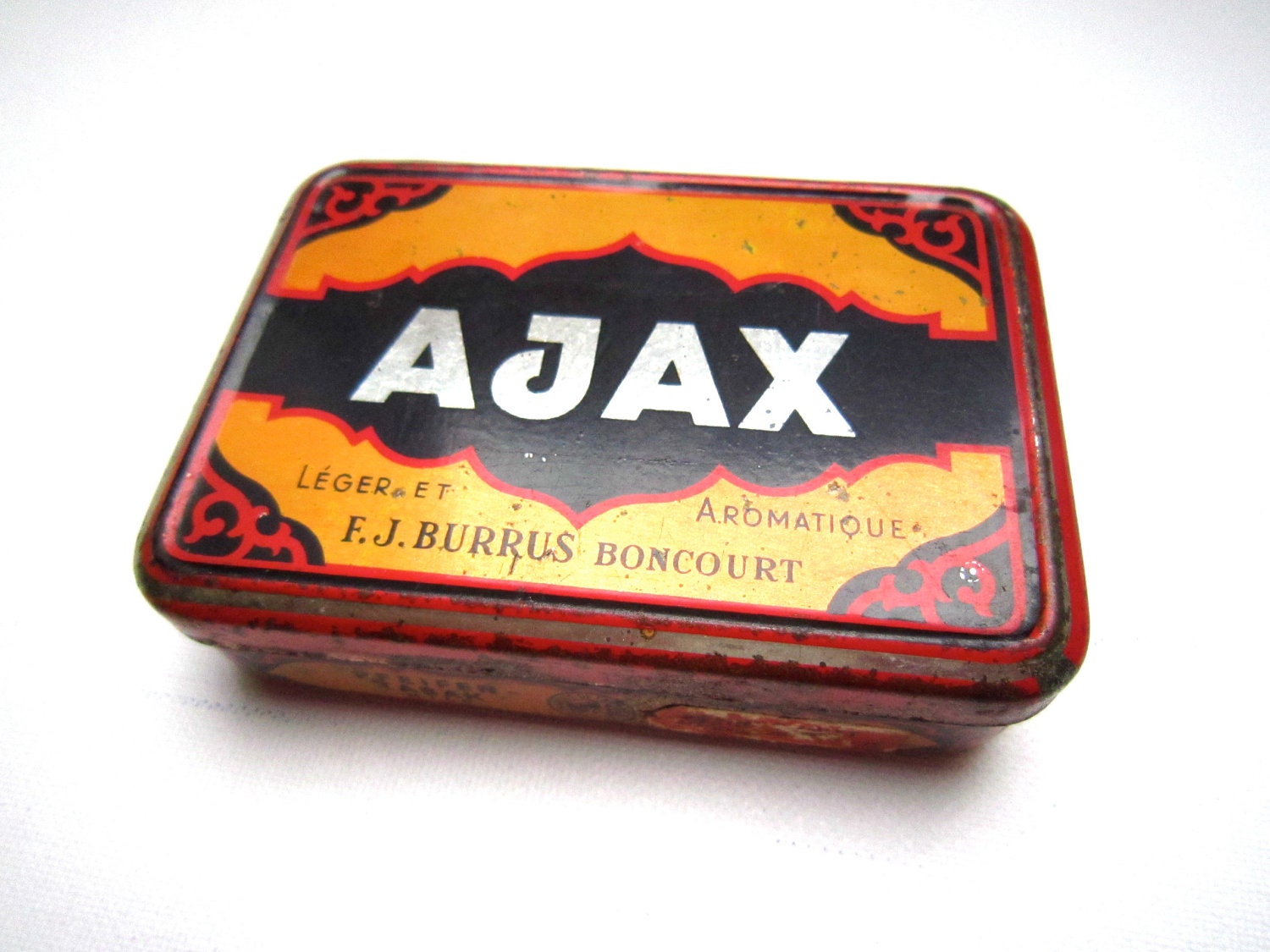 Vintage French pipe tabacco tin box AJAX 1970s red bold graphics