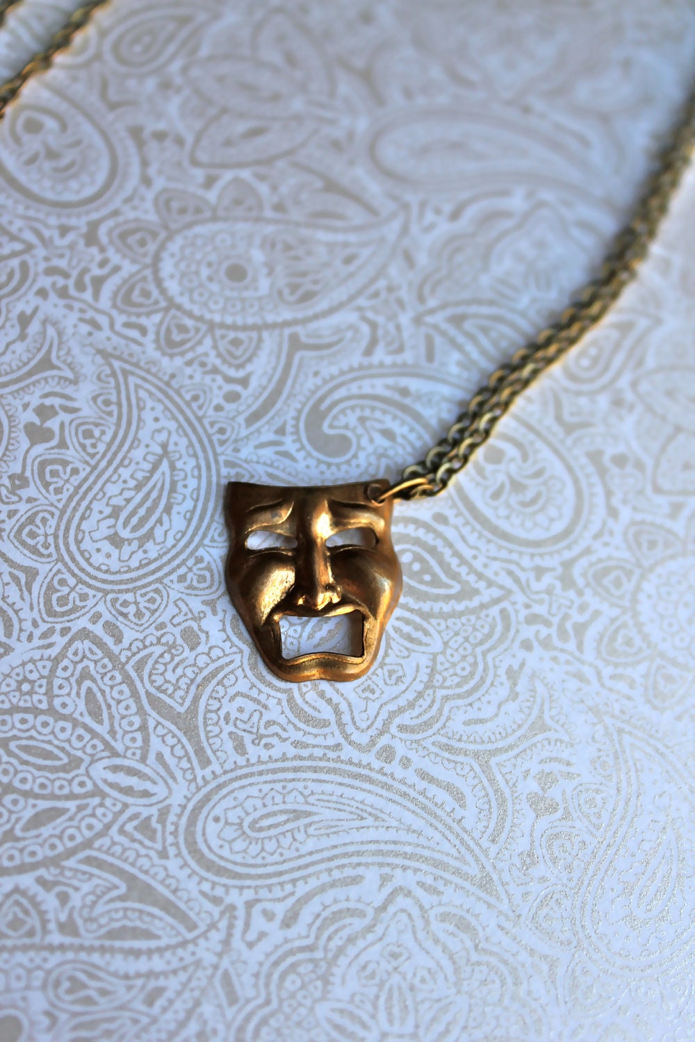 Drama Mask Brass Necklace, Vtg