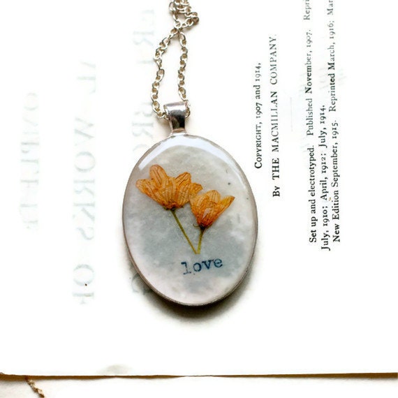 initial jewelry, typewriter pressed flower necklace unique natural nature resin pendant back to school boho peach wildflower