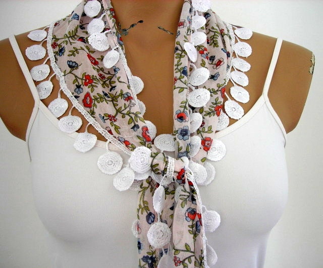 Floral Light Pink Scarf with Lace Women Scarves Cotton Scarf Summer Spring Fashion